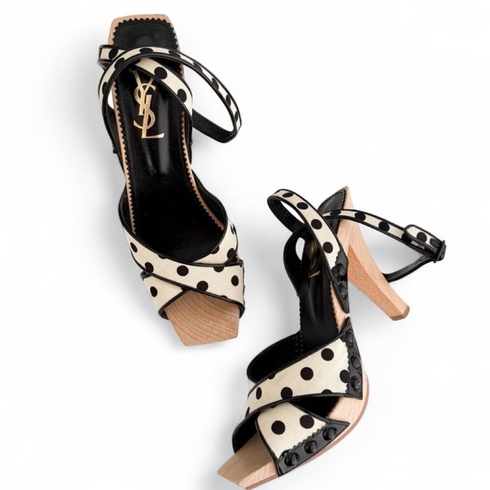 Yves Saint Laurent YSL 2005 
 Black White Polka Dot Wooden Heels